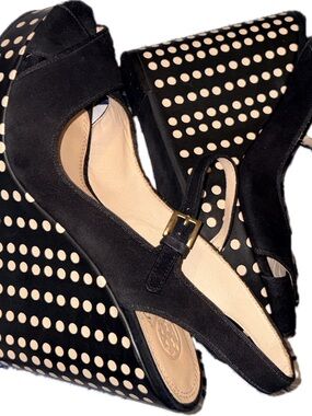 Tory Burch Black Suede Wedge Sandals with Cream Polka Dot Accent